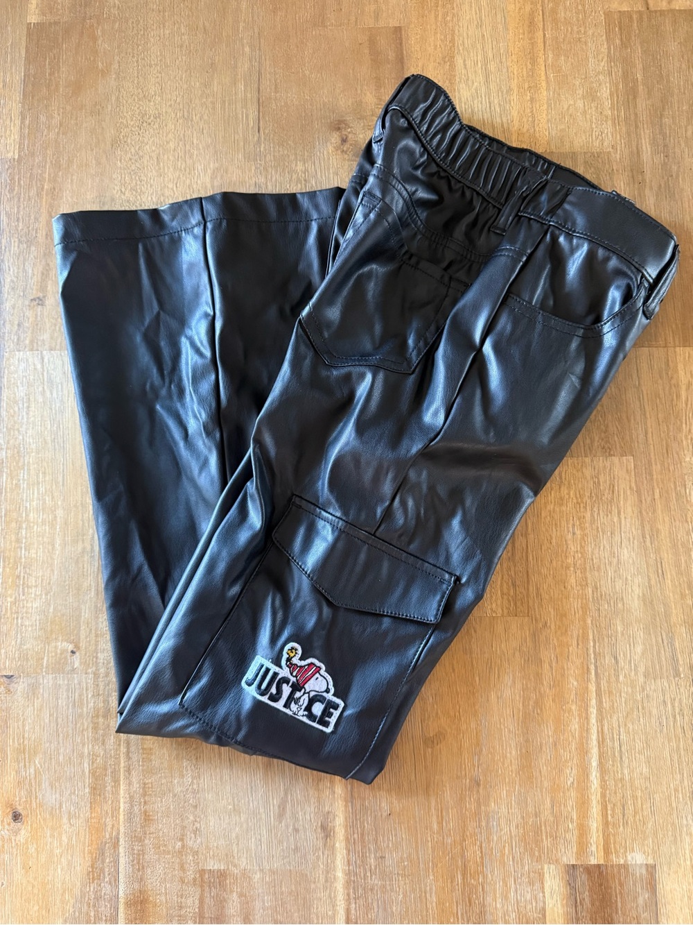 Snoopy & Woodstock Girls Justice Black Pleather Cargo Pants Size M (10)